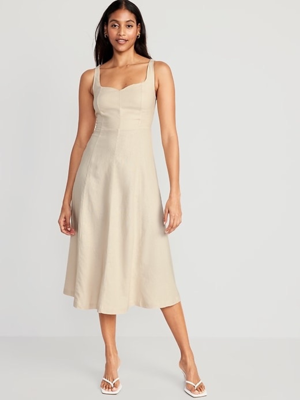 Old Navy Fit and Flare Sleeveless Neutral Beige Linen-Blend Midi Dress Women’s S
